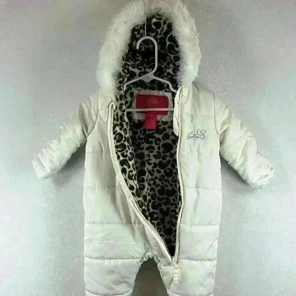 Weatherproof Hooded Baby Snowsuit Sz 6-9 Months Cream Leopard Fleece Lining - Picture 6 of 10